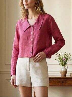Flax Berry Pink Button-Front Linen Shirt Peter Pan Collar Size S
